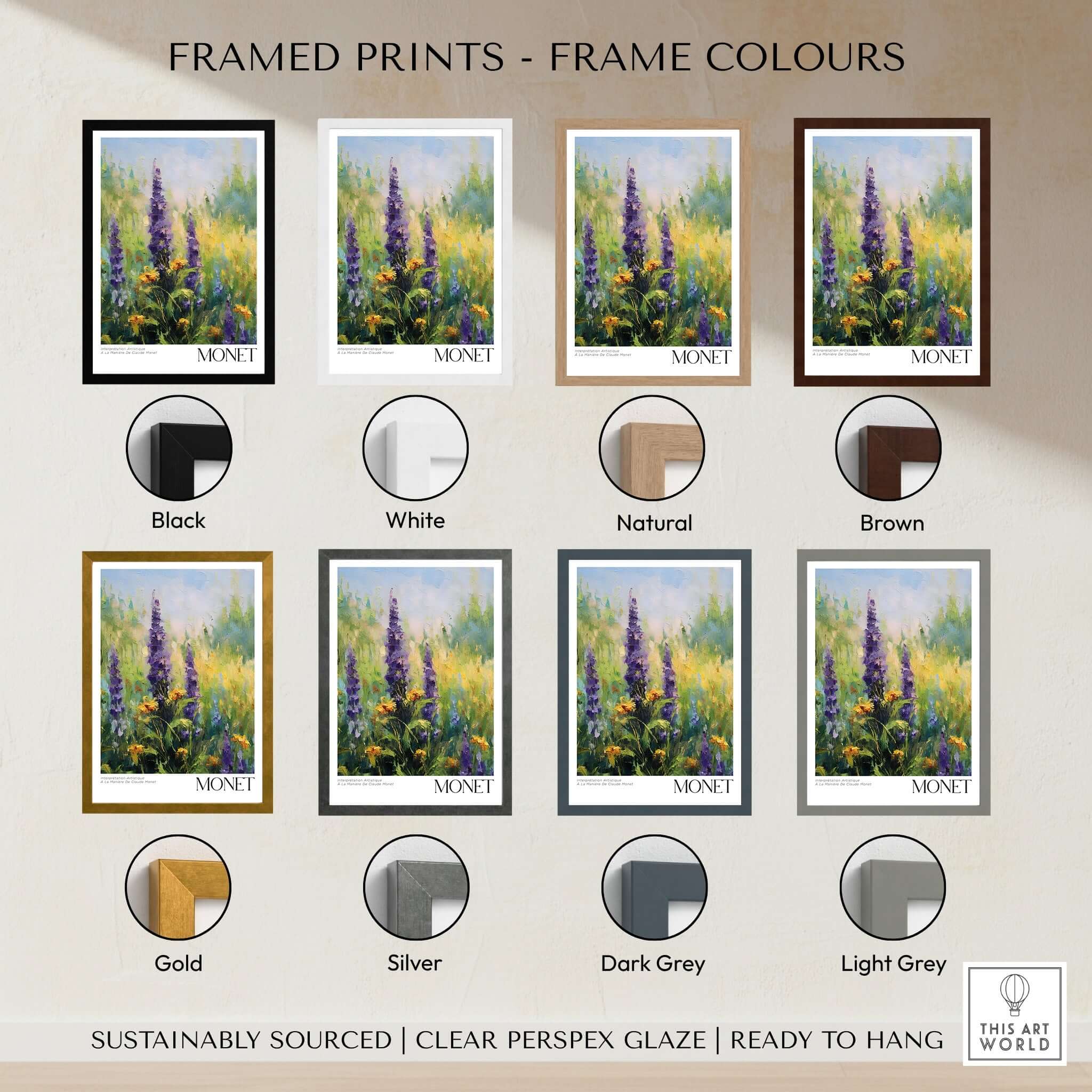 Framed Claude Monet Art Print - Wildflower Meadow Purple Floral Print in various frame colors including black, white, gold, and more.