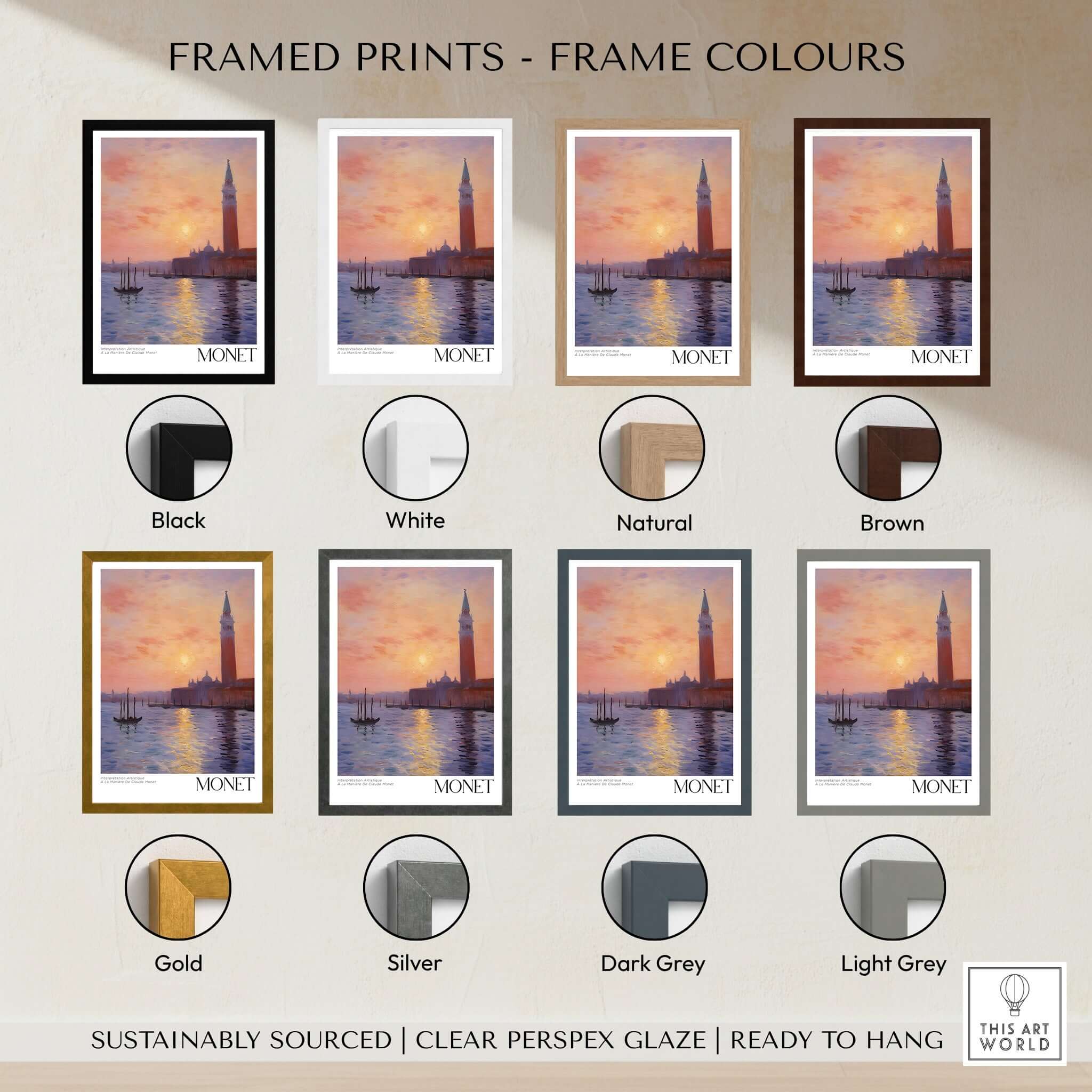 Monet Venice wall art framed in various colour options including black, white, gold, and natural finishes.