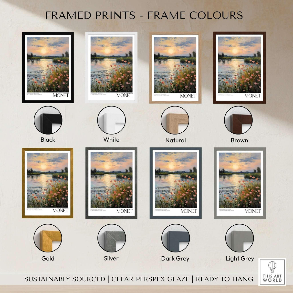 Framed prints of Claude Monet Wall Art Print - Sunset River Poppies in various frame colors including black, white, and gold.