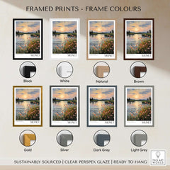 Framed prints of Claude Monet Wall Art Print - Sunset River Poppies in various frame colors including black, white, and gold.