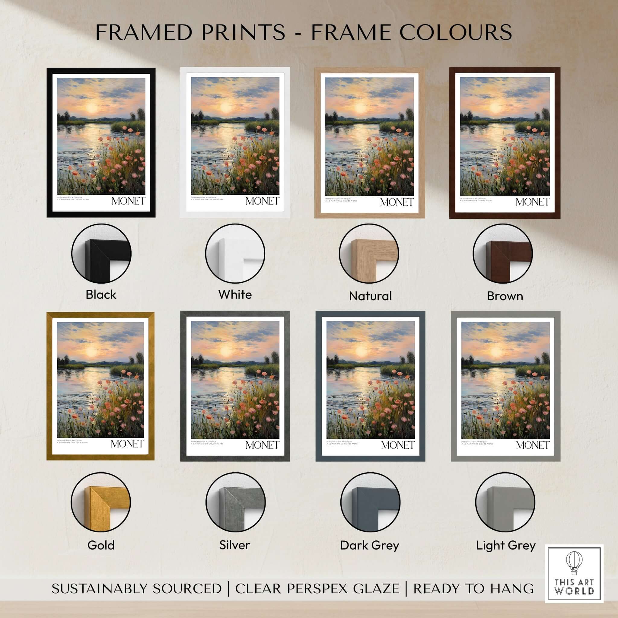 Framed prints of Claude Monet Wall Art Print - Sunset River Poppies in various frame colors including black, white, and gold.