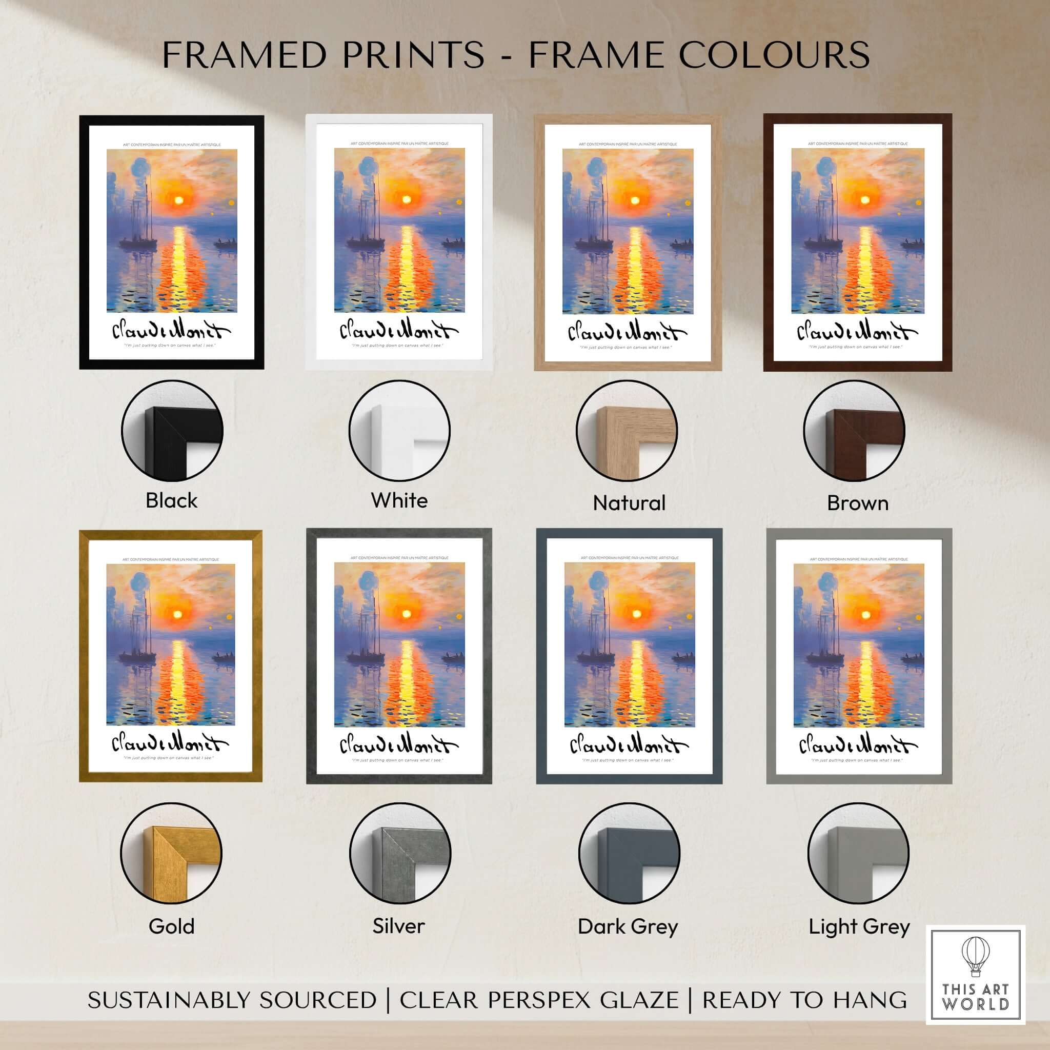 Framed prints showcasing colors for Claude Monet Art Print - Impressionist Sunrise Harbor Wall Art.