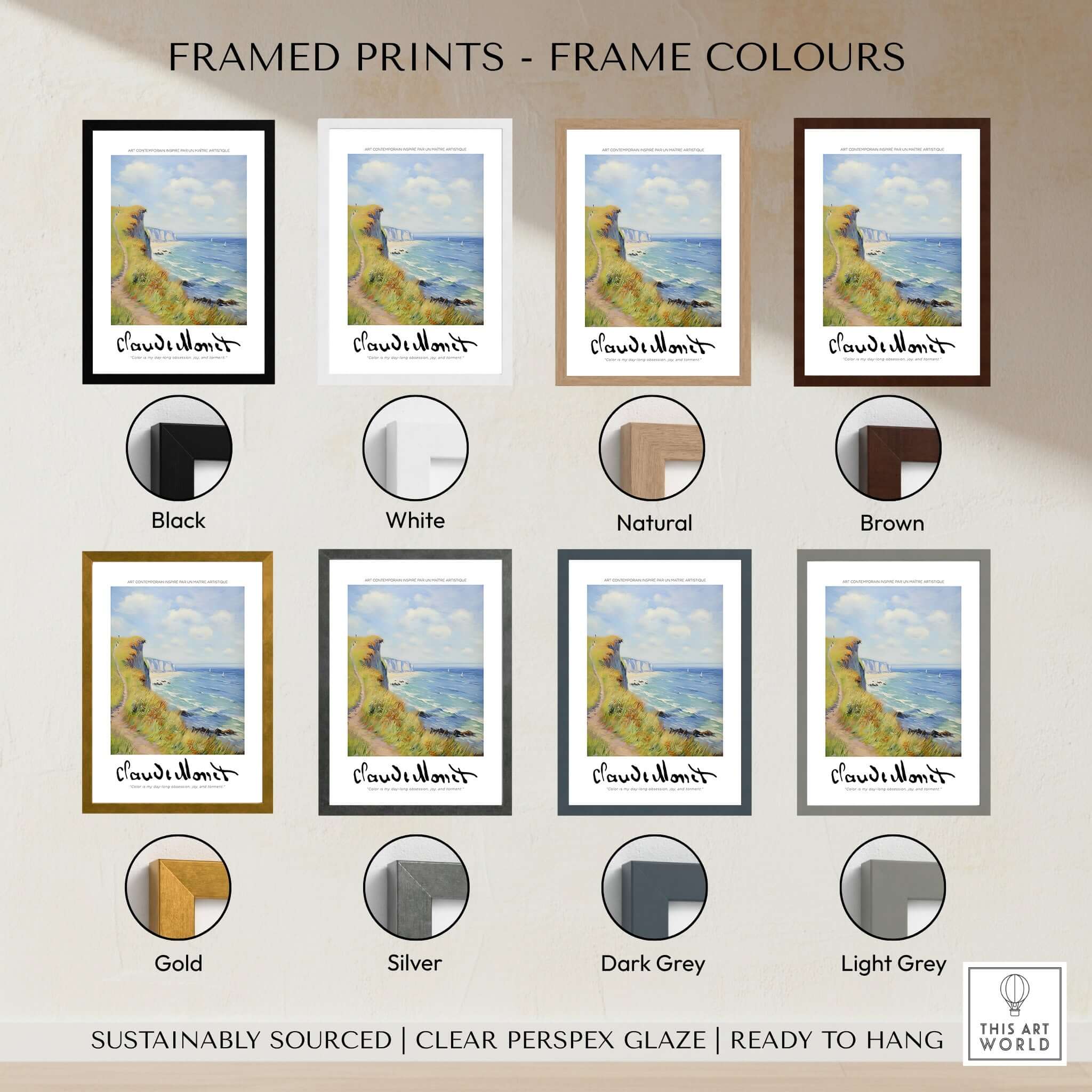 Framed prints of Claude Monet Art Print - Coastal Cliff Path Seascape Wall Art in various frame colors.