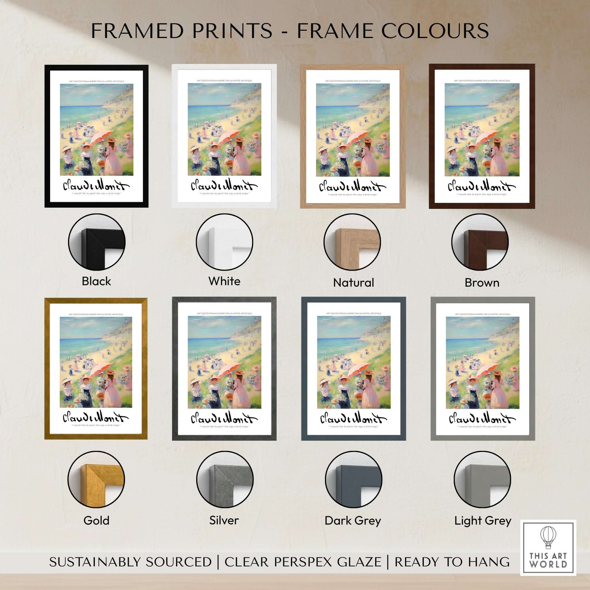Claude Monet Art Print - Elegant Seaside Beach Wall Art framed print color options including black, white, natural, brown, gold, silver, dark grey, light grey.