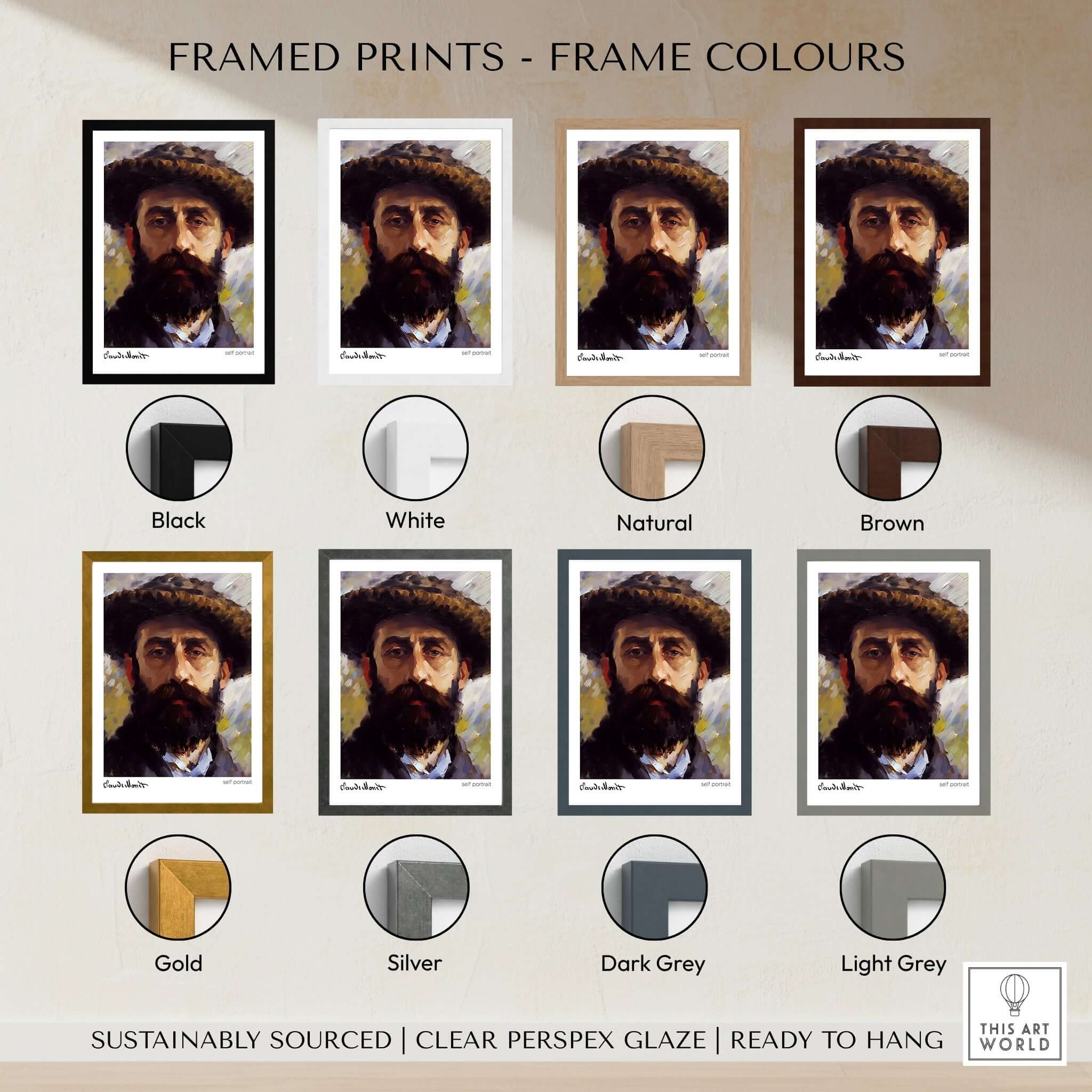 Claude Monet Self Portrait Wall Art - Impressionist Poster Print framed options in various colors