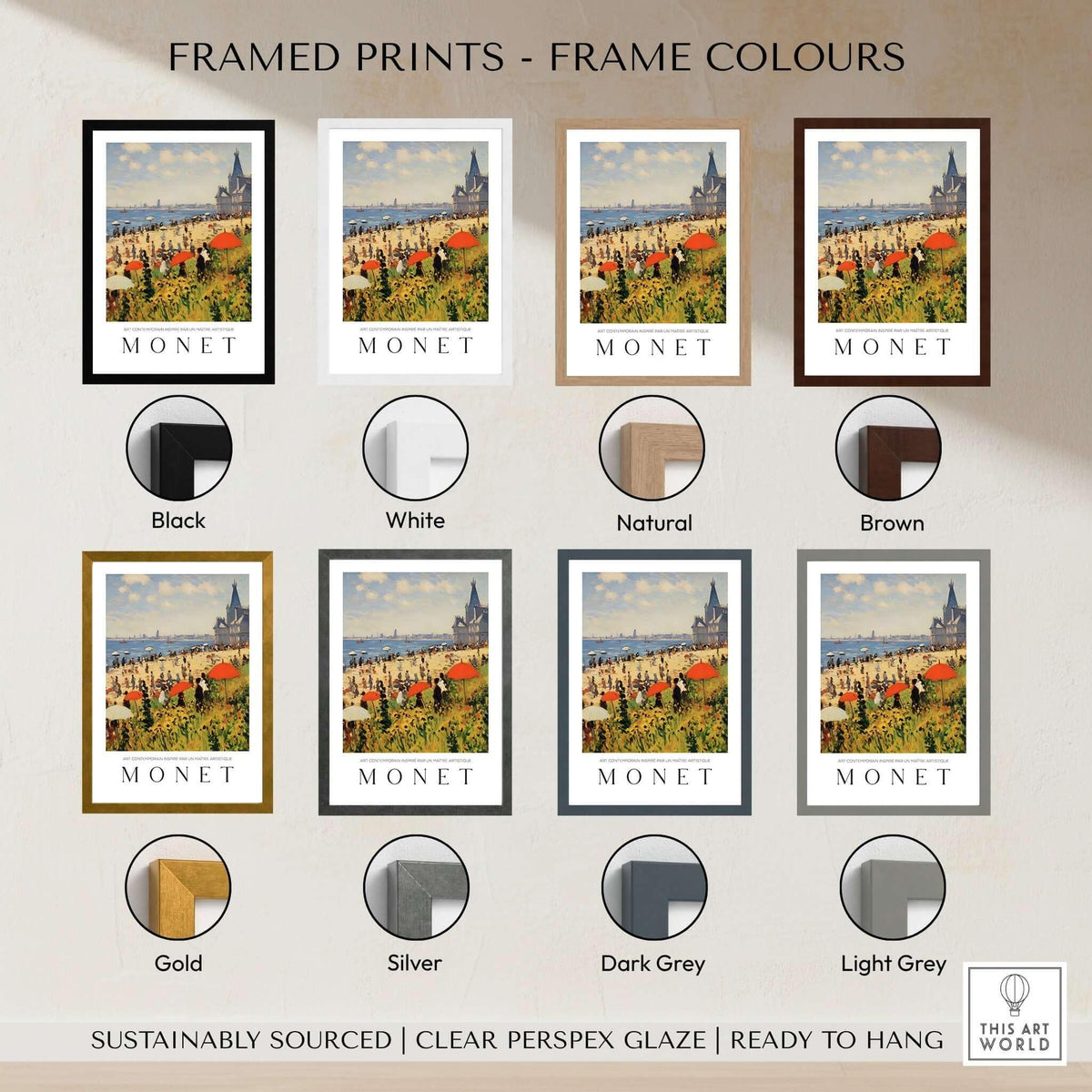 Claude Monet Art Print - Sunny Beach Resort with Flowers Poster framed in various colors including black, white, and natural.