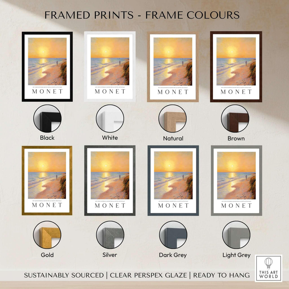 Claude Monet Art Print - Golden Hour Beach Stroll Wall Art framed options including black, white, natural, brown, and more.