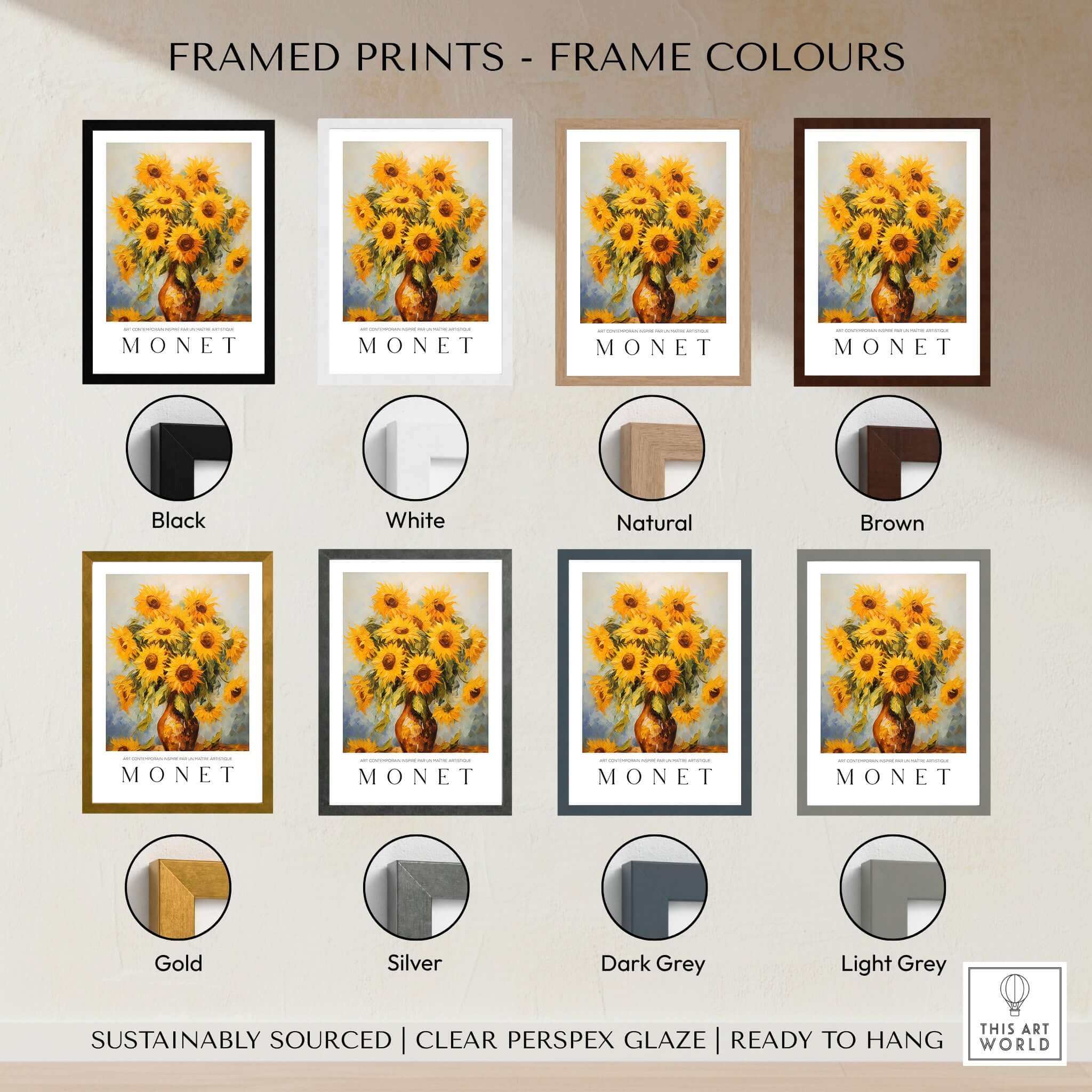Claude Monet Art Print - Radiant Sunflowers in Vase Wall Art framed print options in black, white, natural, brown, gold, silver, dark grey, light grey.