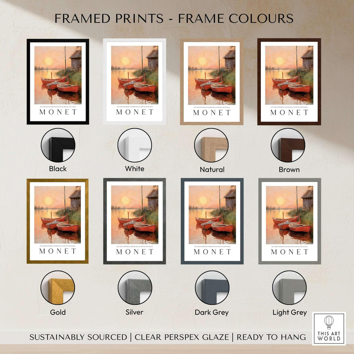 Framed prints of Claude Monet Art Print - Red Boats at Sunset Riverbank Wall Art in various frame colors.