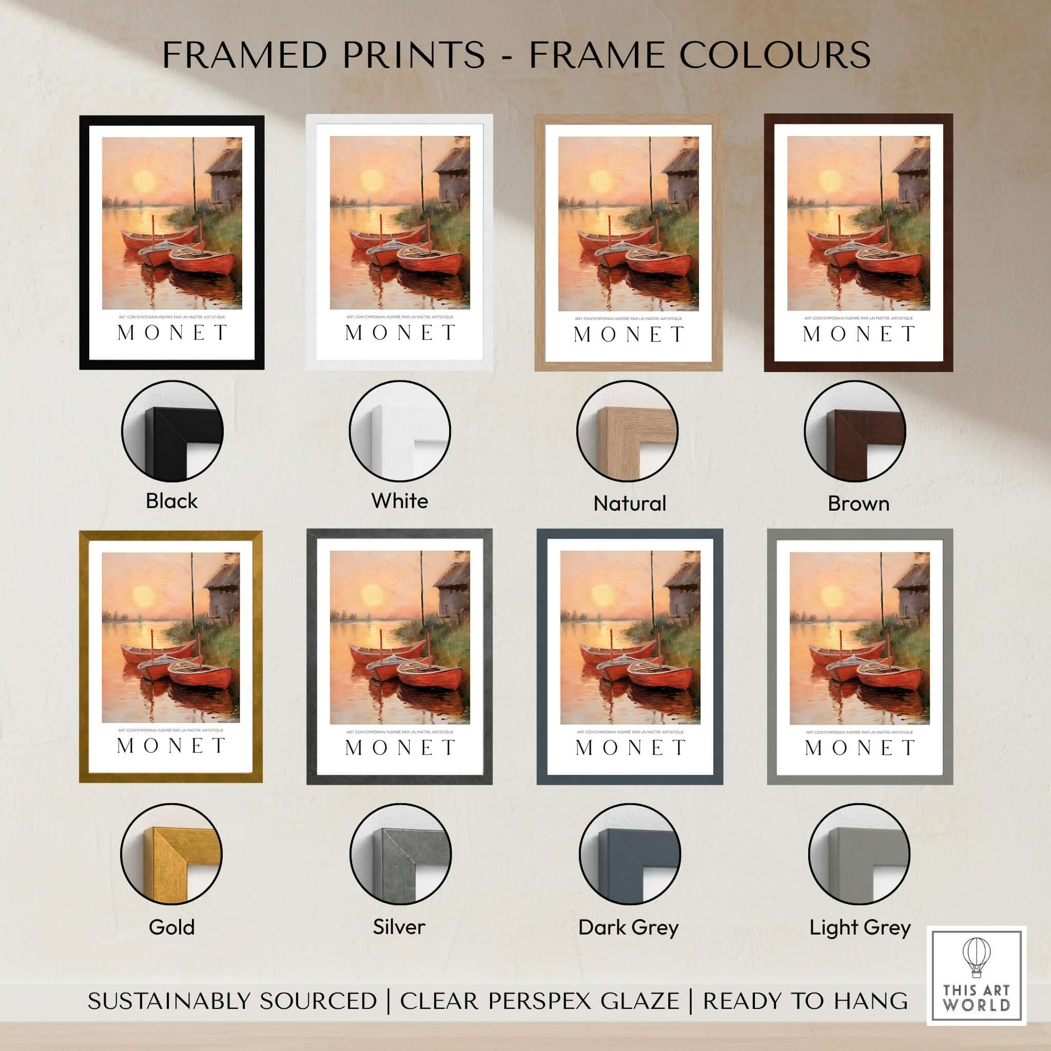 Framed prints of Claude Monet Art Print - Red Boats at Sunset Riverbank Wall Art in various frame colors.
