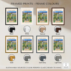 Framed prints of Claude Monet's artwork in multiple frame colors including black, white, natural, brown, gold, silver, dark grey, and light grey.