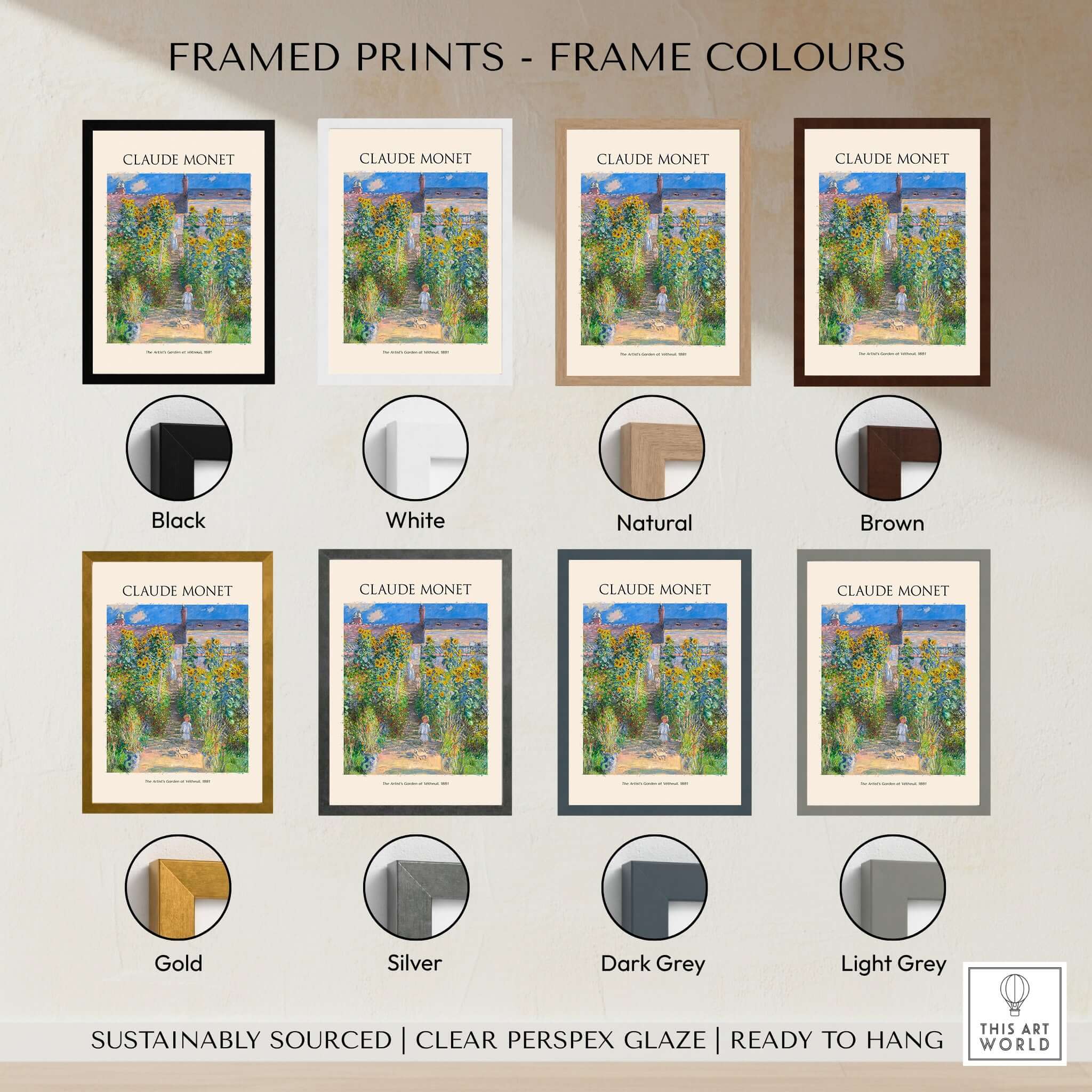 Framed prints of Claude Monet's artwork in multiple frame colors including black, white, natural, brown, gold, silver, dark grey, and light grey.