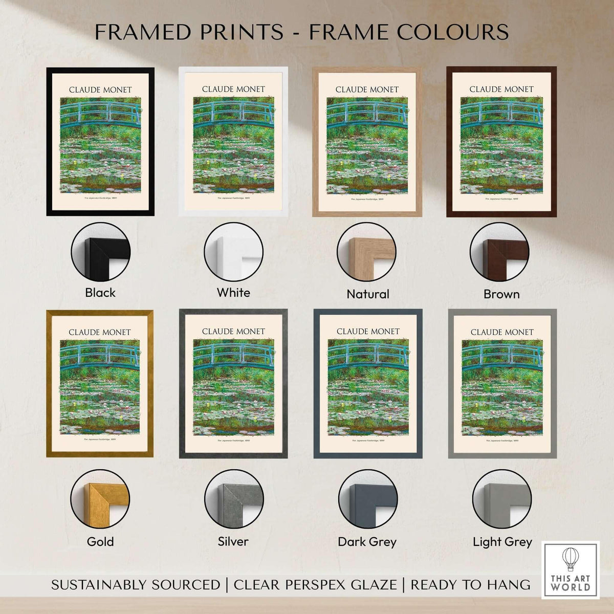 Framed prints of Monet Japanese Footbridge Water Lilies Giverny Garden Poster Art Print in various colors.