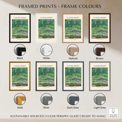 Framed prints of Monet Japanese Footbridge Water Lilies Giverny Garden Poster Art Print in various colors.