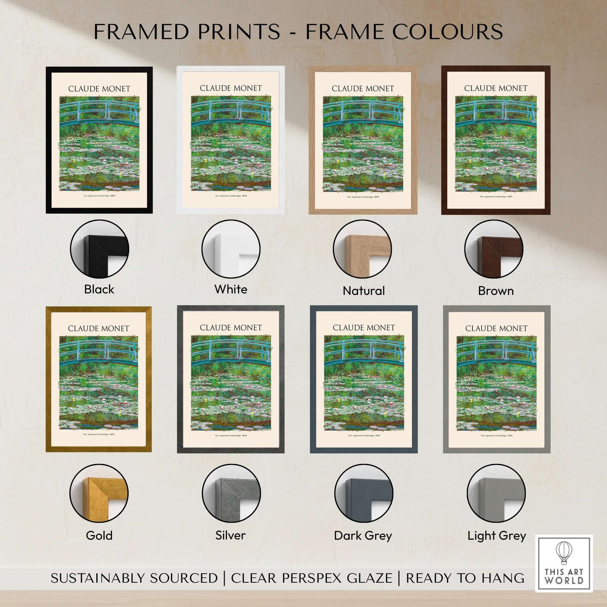 Framed prints of Monet Japanese Footbridge Water Lilies Giverny Garden Poster Art Print in various colors.