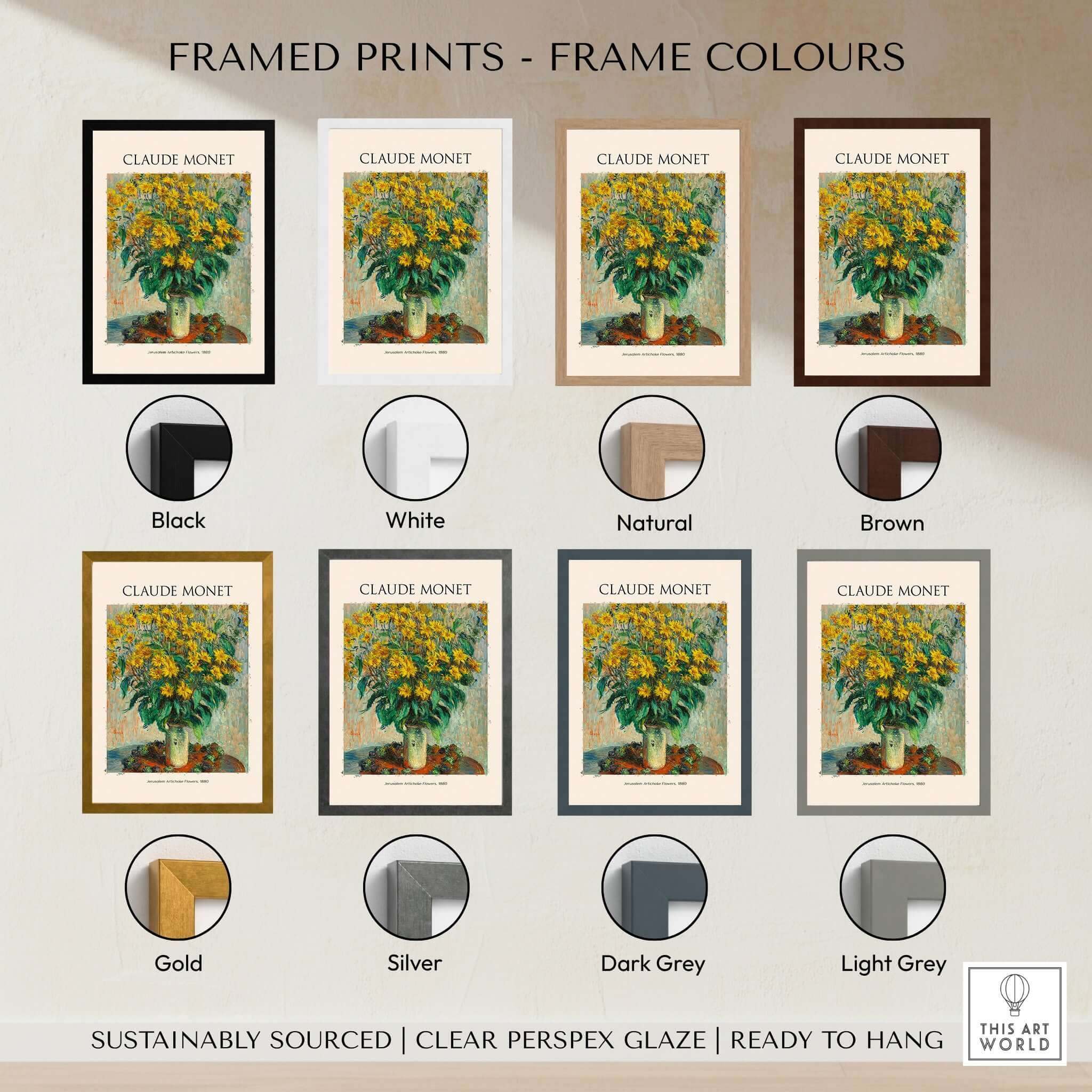 Framed prints showcasing Claude Monet Jerusalem Artichoke Flowers in various frame colors: Black, White, Natural, Brown, Gold, Silver, Dark Grey, Light Grey.