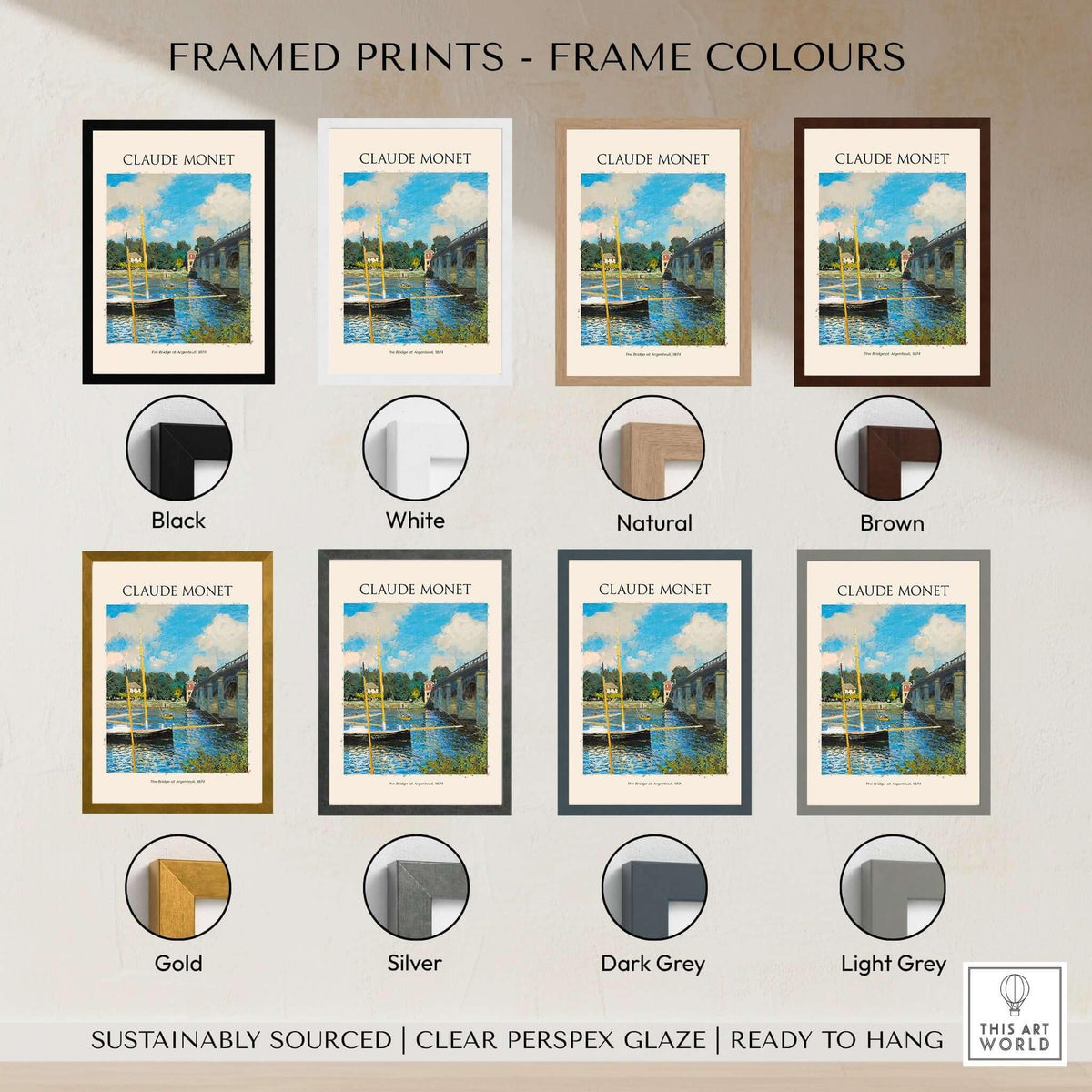 Framed prints of Monet The Bridge at Argenteuil Seine River Landscape Art Print Poster in various colors.