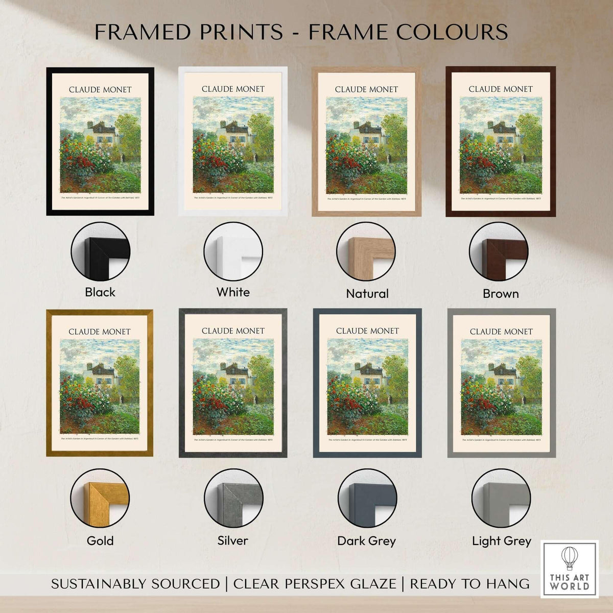 Framed prints of 'Claude Monet' artwork available in various colors: Black, White, Natural, Brown, Gold, Silver, Dark Grey, Light Grey.