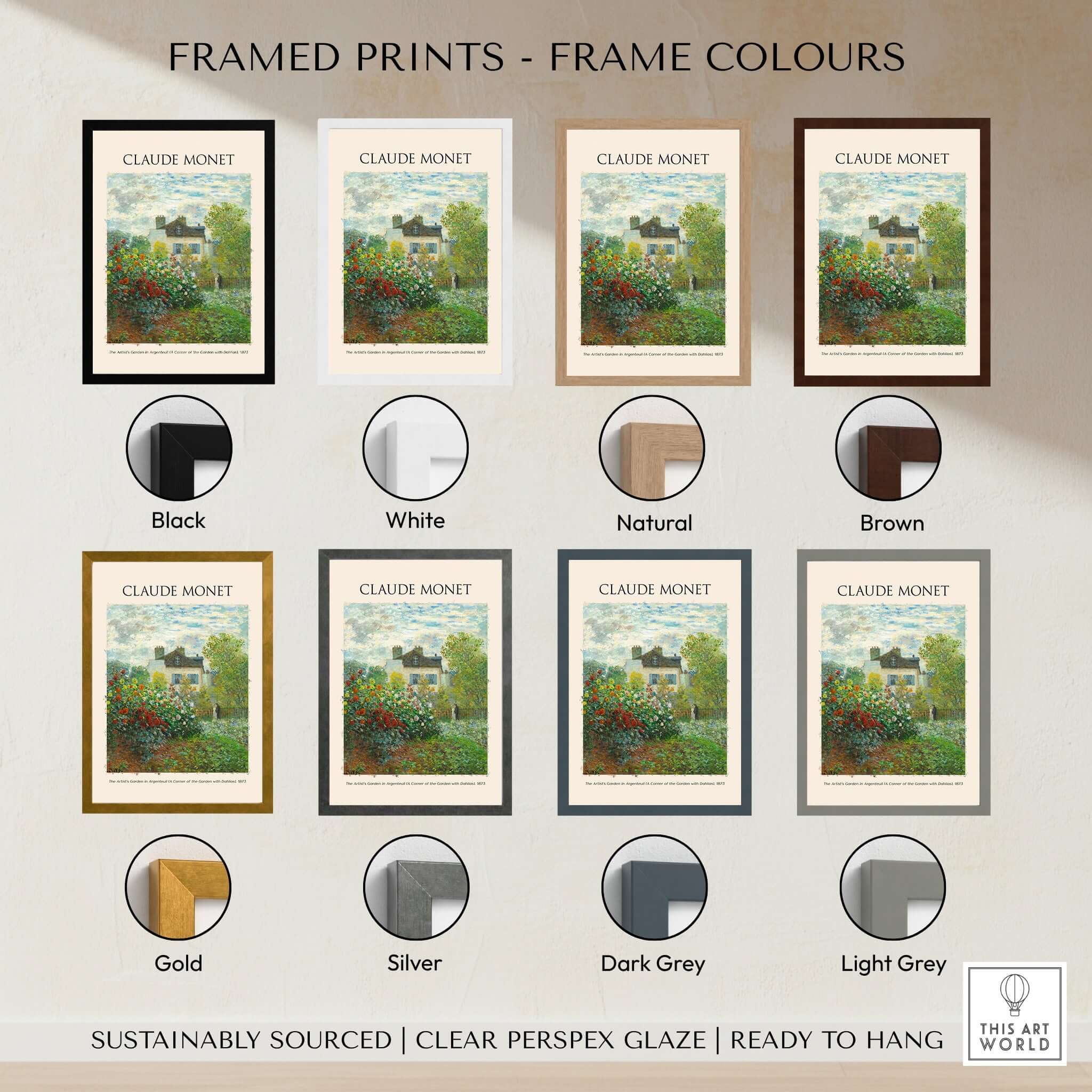 Framed prints of 'Claude Monet' artwork available in various colors: Black, White, Natural, Brown, Gold, Silver, Dark Grey, Light Grey.