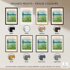 Framed Prints showcasing frame colours for Monet Banks of the Seine Vétheuil River Landscape Art Print Poster.