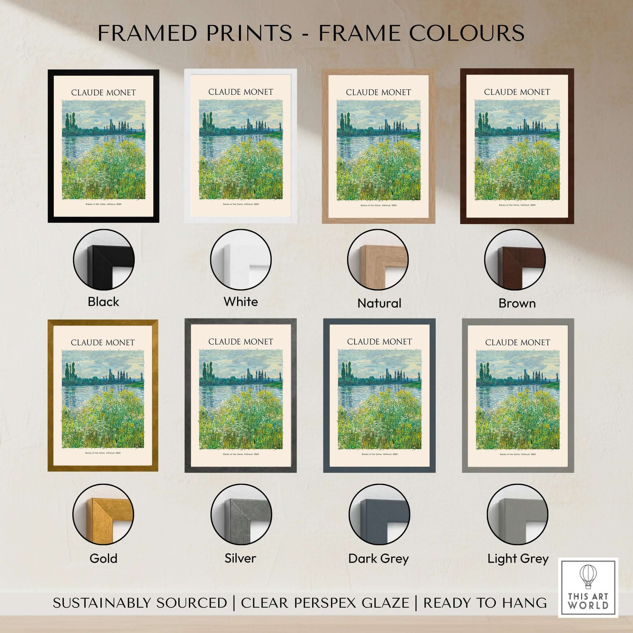 Framed Prints showcasing frame colours for Monet Banks of the Seine Vétheuil River Landscape Art Print Poster.