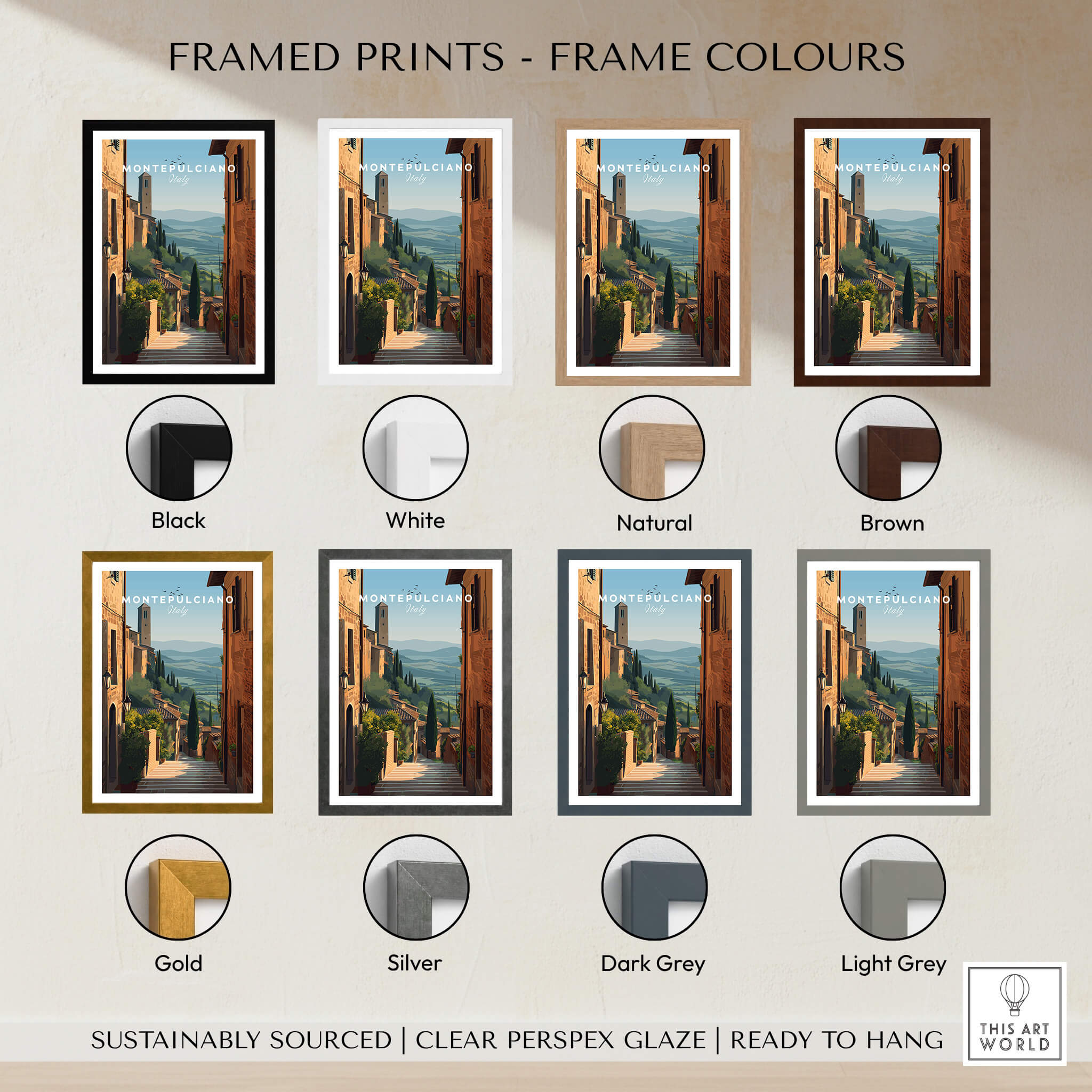 Montepulciano Tuscany Italy Wall Art Print | Italian Hill Town Travel Poster framed prints in various colors.