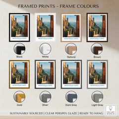 Framed Montepulciano Italy Poster | Tuscany Landscape Vineyard Canvas Print in various frame colors.