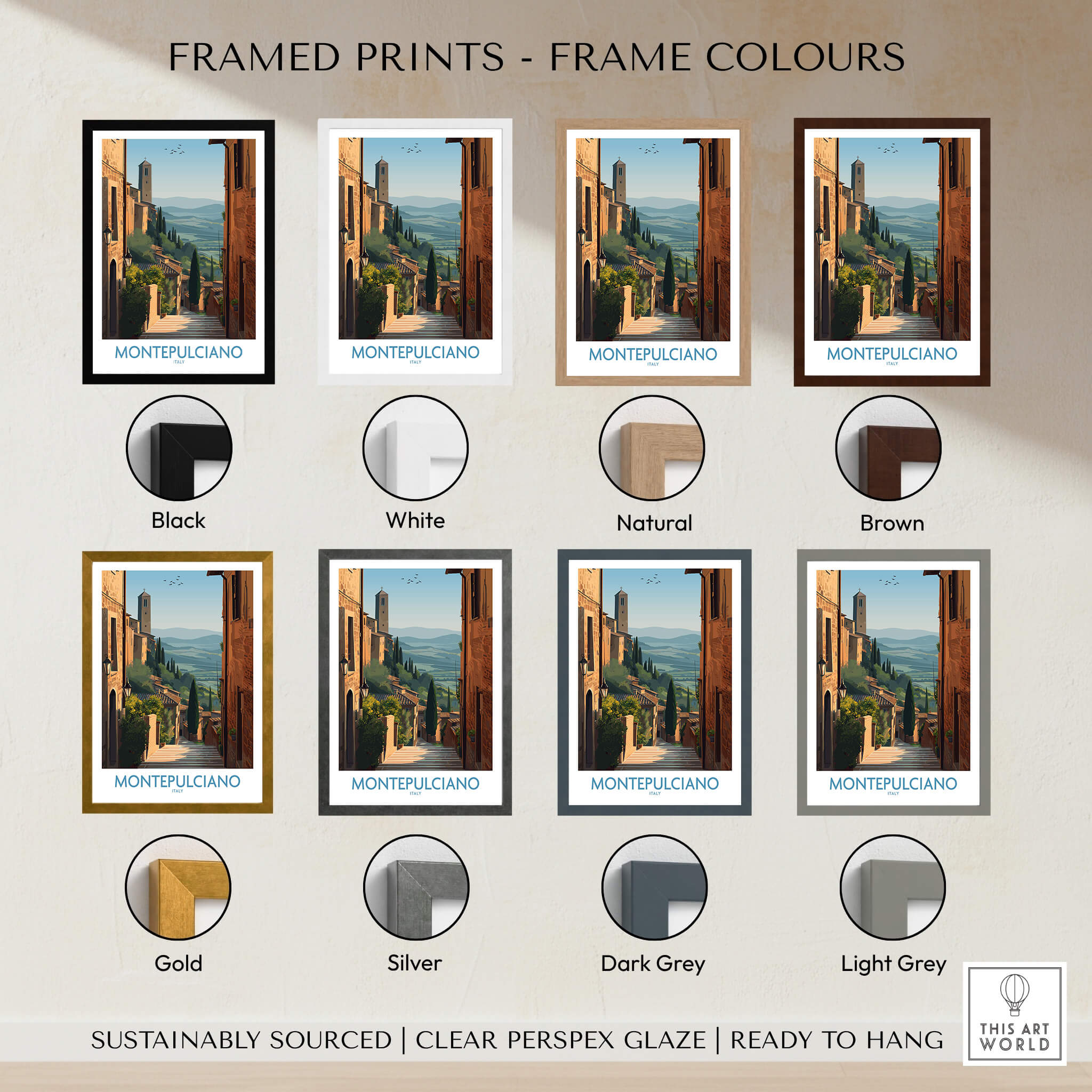 Framed Montepulciano Italy Poster | Tuscany Landscape Vineyard Canvas Print in various frame colors.