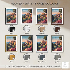 Montepulciano Italy Travel Poster | Tuscan Sunset Wall Art Print in various frame colors including black, white, natural, brown, gold, silver, and grey.