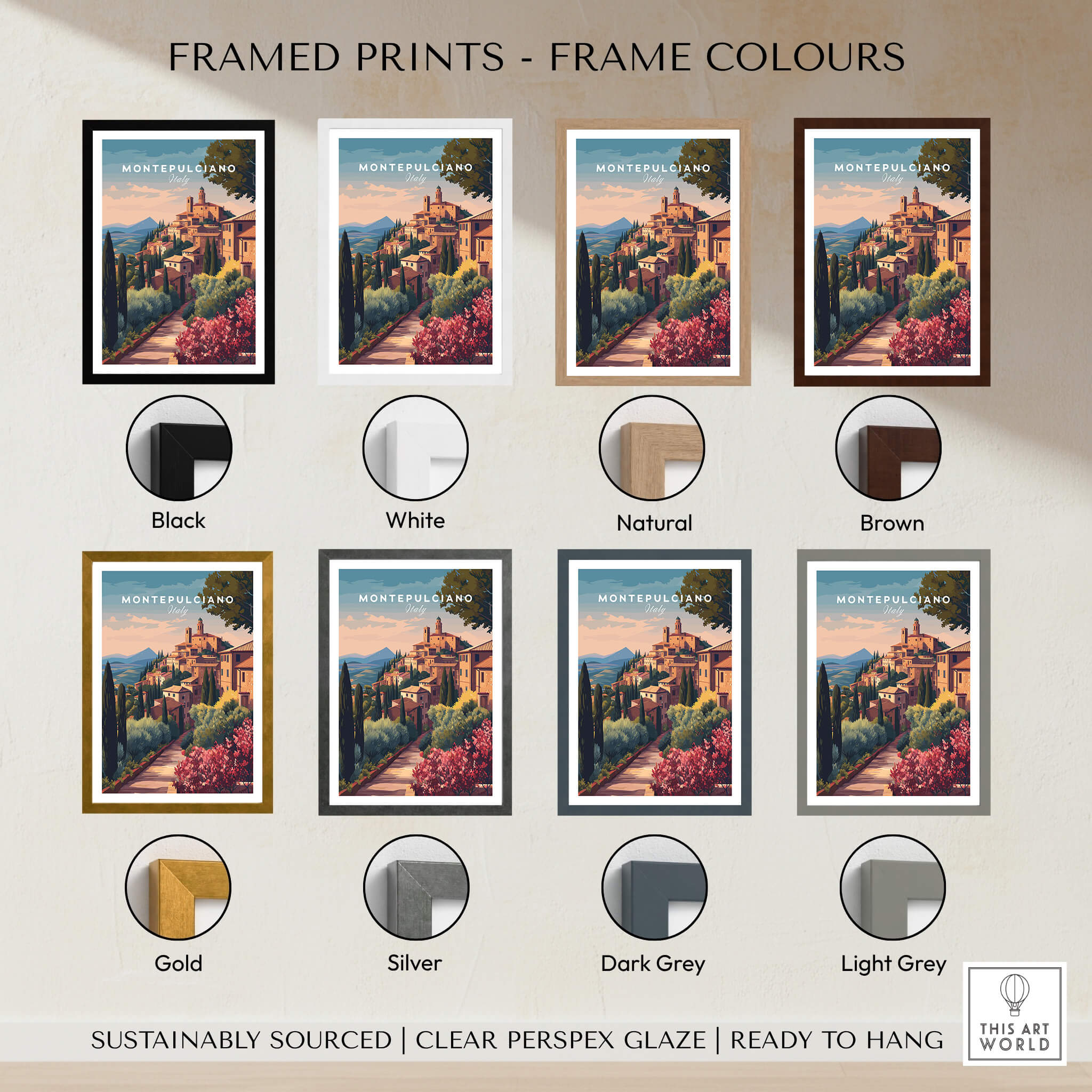 Montepulciano Italy Travel Poster | Tuscan Sunset Wall Art Print in various frame colors including black, white, natural, brown, gold, silver, and grey.
