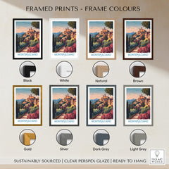 Framed prints showcasing different frame colors for Montepulciano Italy Canvas Print | Italian Sunset Landscape Poster.