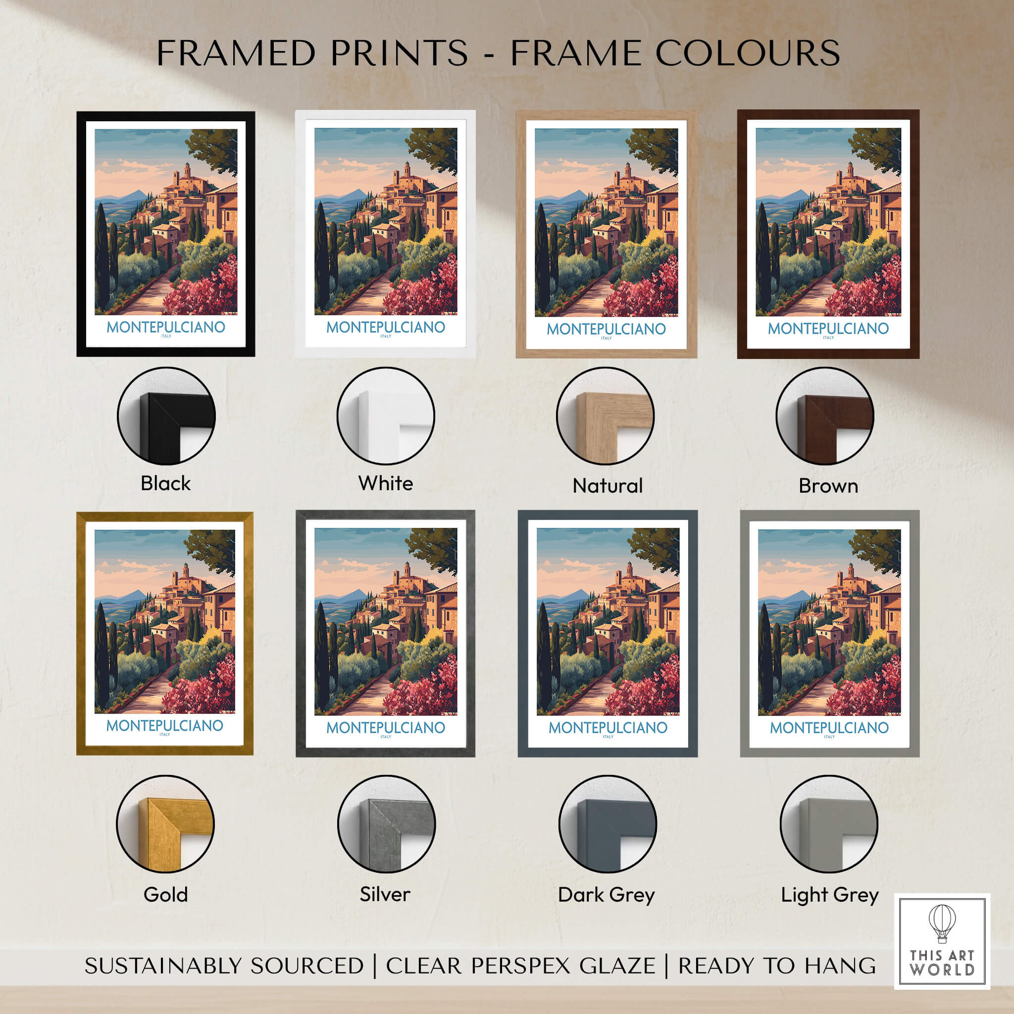 Framed prints showcasing different frame colors for Montepulciano Italy Canvas Print | Italian Sunset Landscape Poster.