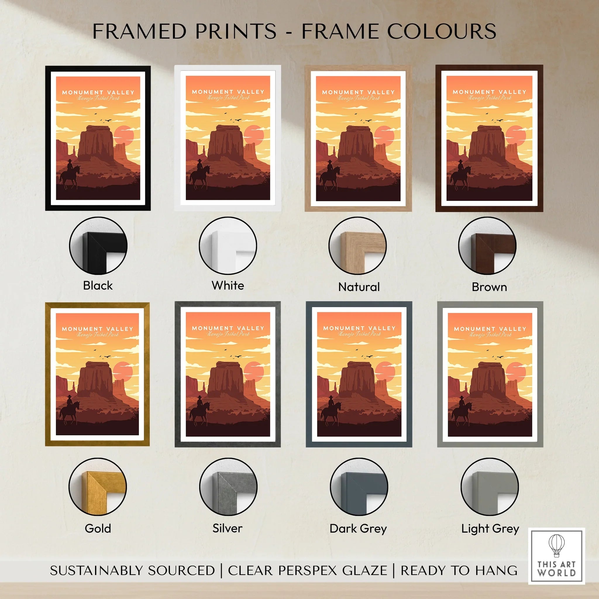 Monument Valley art print in eight different frame color options, sunset landscape wall decor.