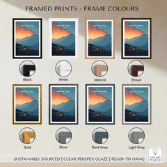 Mount Etna Italy wall art print in eight frame color options including black, white, wood, gold, and grey.
