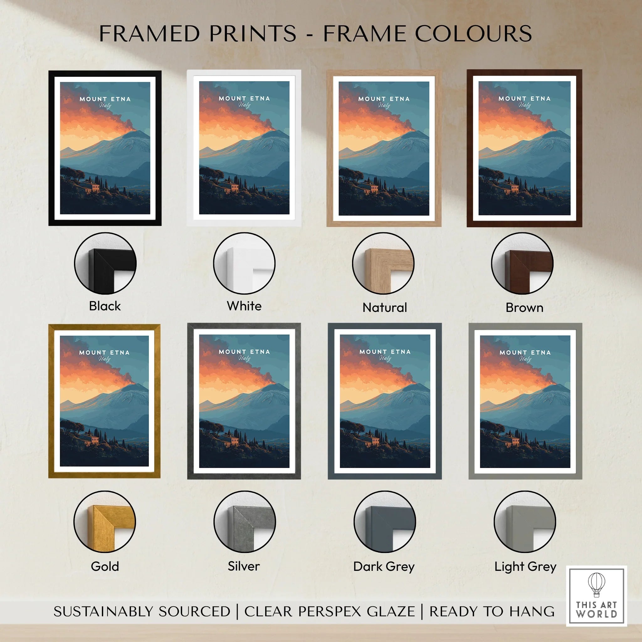 Mount Etna Italy wall art print in eight frame color options including black, white, wood, gold, and grey.