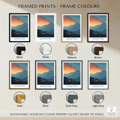 Mount Etna travel poster with multiple frame color options including black, white, natural, brown, gold, silver, dark grey, and light grey.