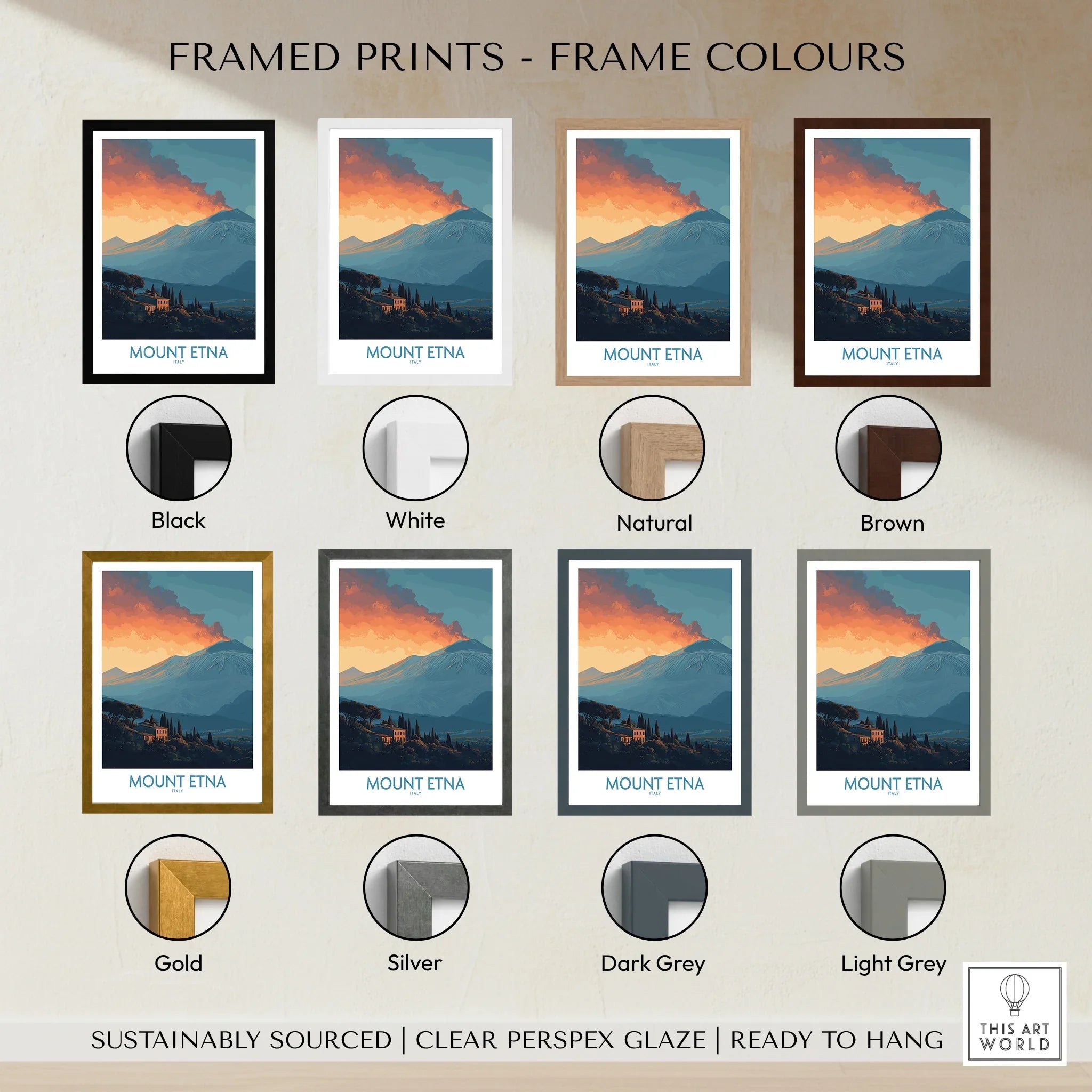 Mount Etna travel poster with multiple frame color options including black, white, natural, brown, gold, silver, dark grey, and light grey.