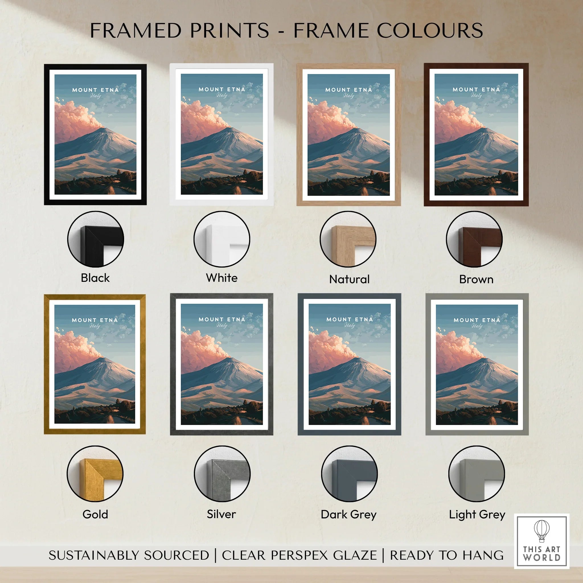 Mount Etna Italy travel print in eight frame color options including black, white, natural, brown, gold, silver, dark grey, and light grey.