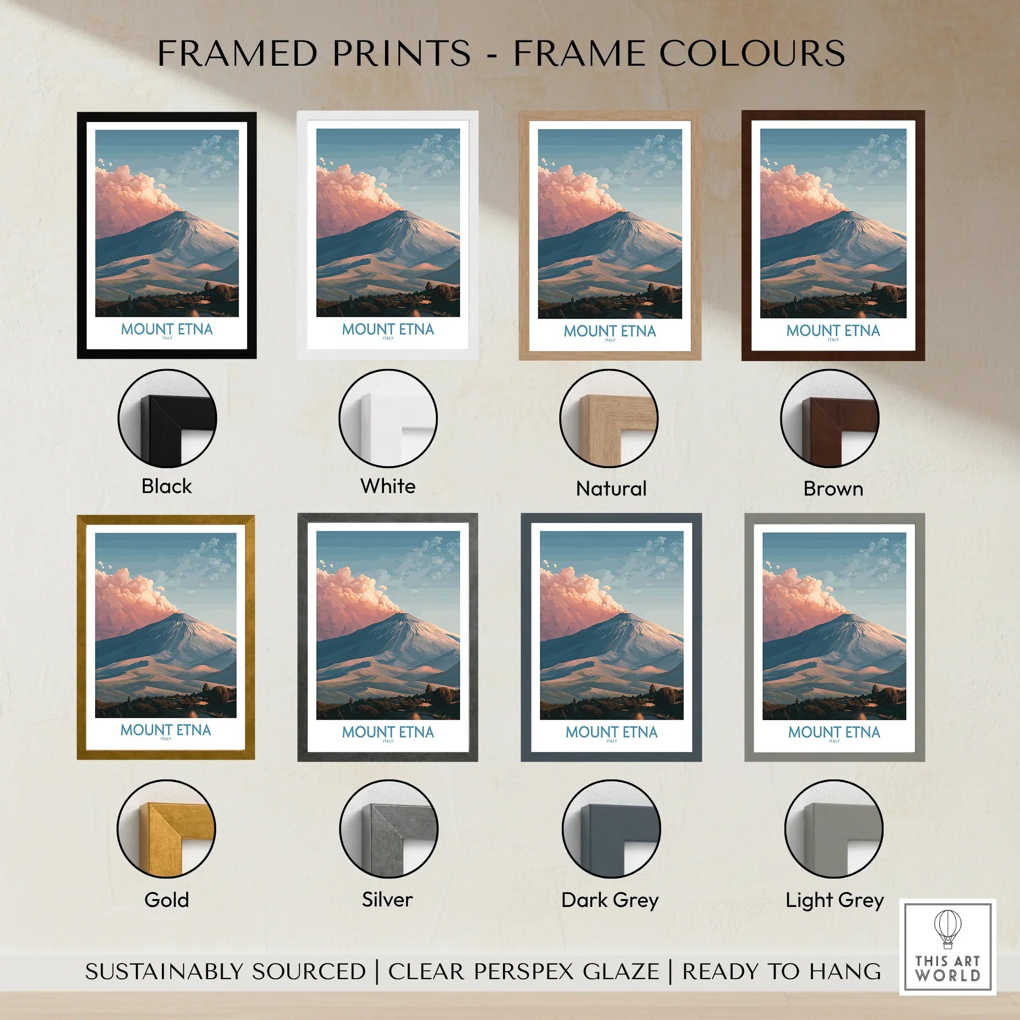 Mount Etna framed print poster in eight frame color options with mountain wall art