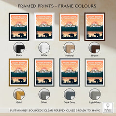 Mount Rainier National Park travel poster print with eight frame color options