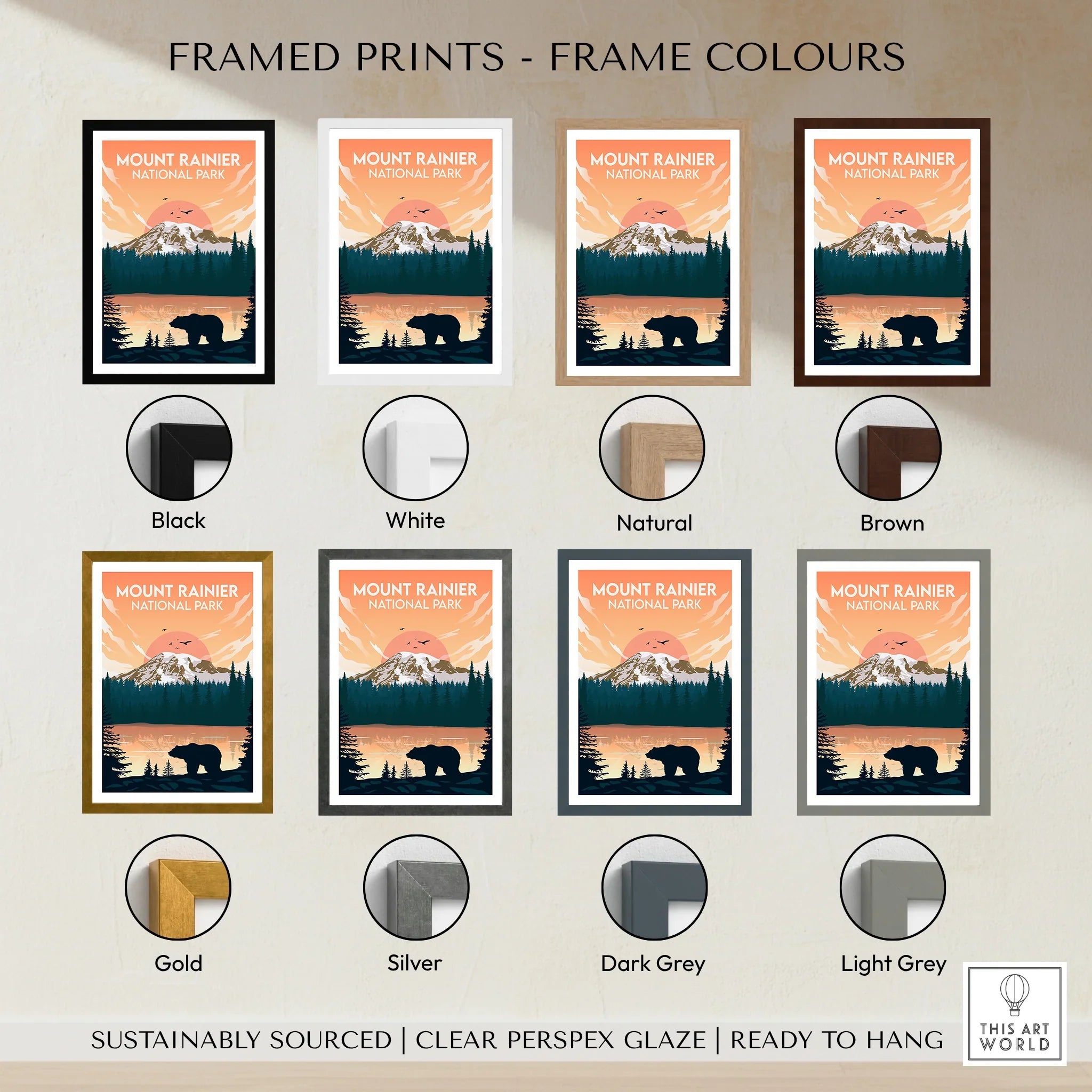 Mount Rainier National Park travel poster print with eight frame color options