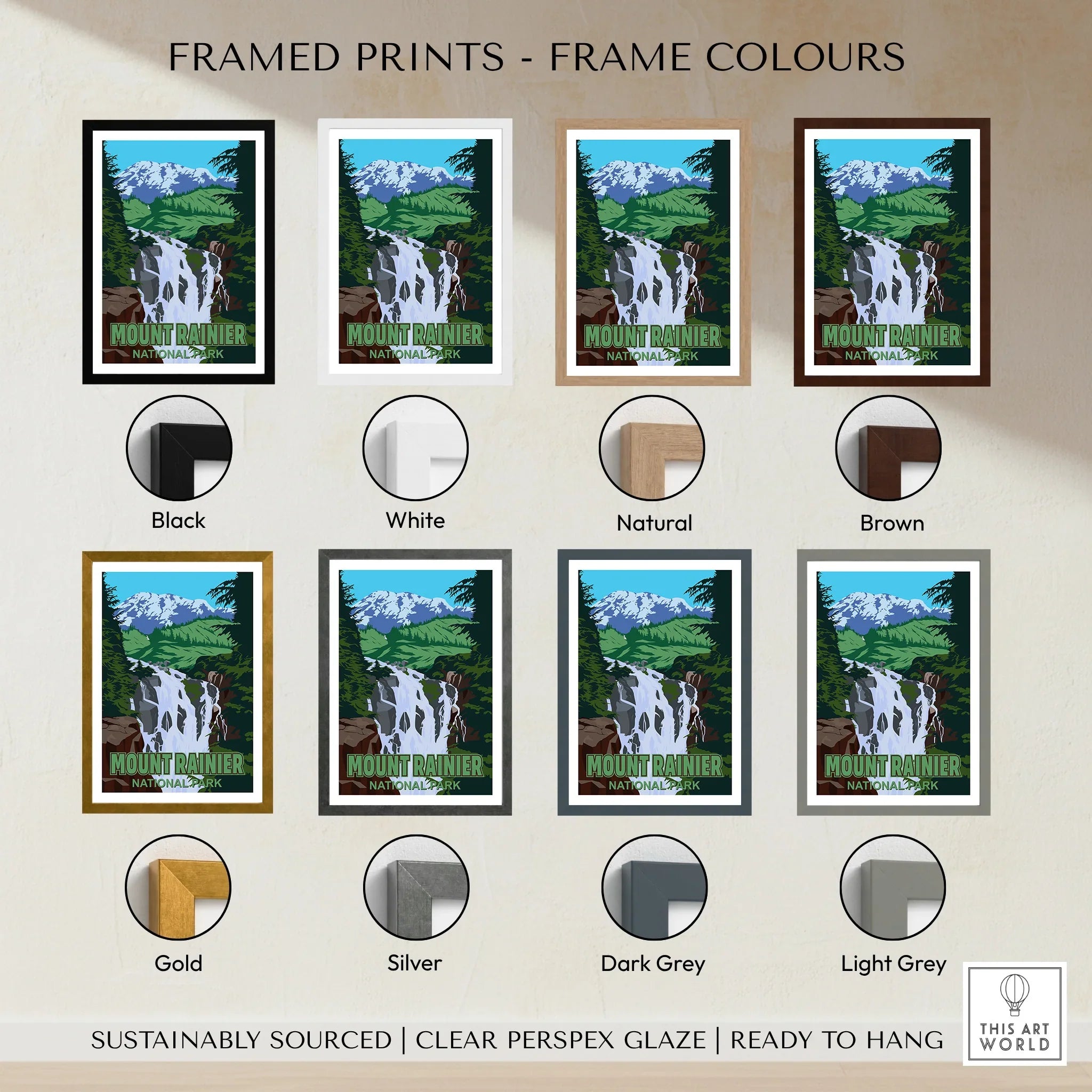 Mount Rainier National Park framed print with eight frame color options, including black, white, natural, brown, gold, silver, dark grey, and light grey.