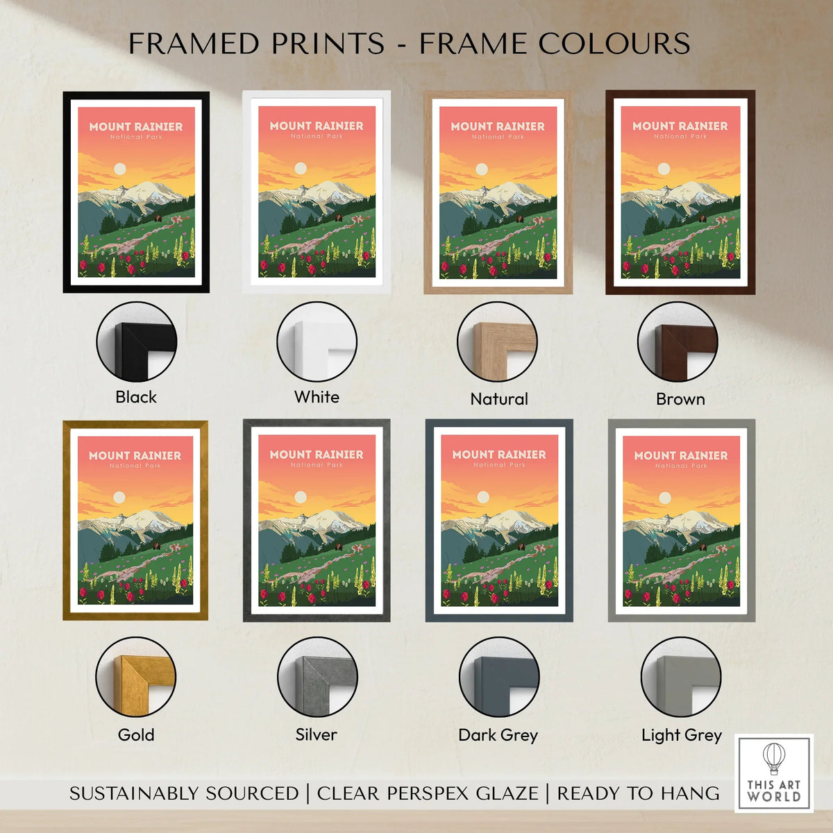 Framed Mount Rainier National Park print with eight frame color options, sunset landscape art