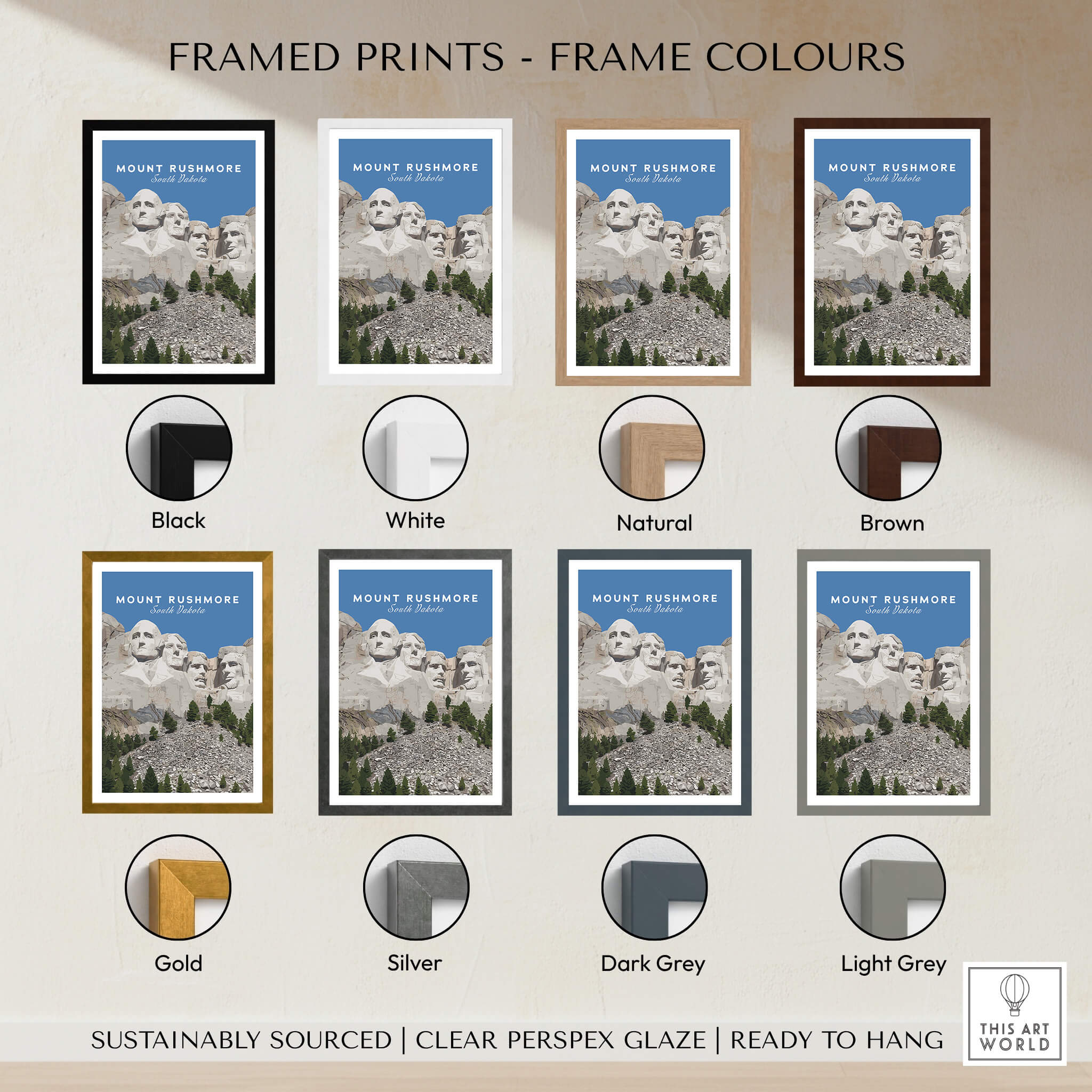 Framed prints of Mount Rushmore Print | National Memorial Wall Art in various frame colors.