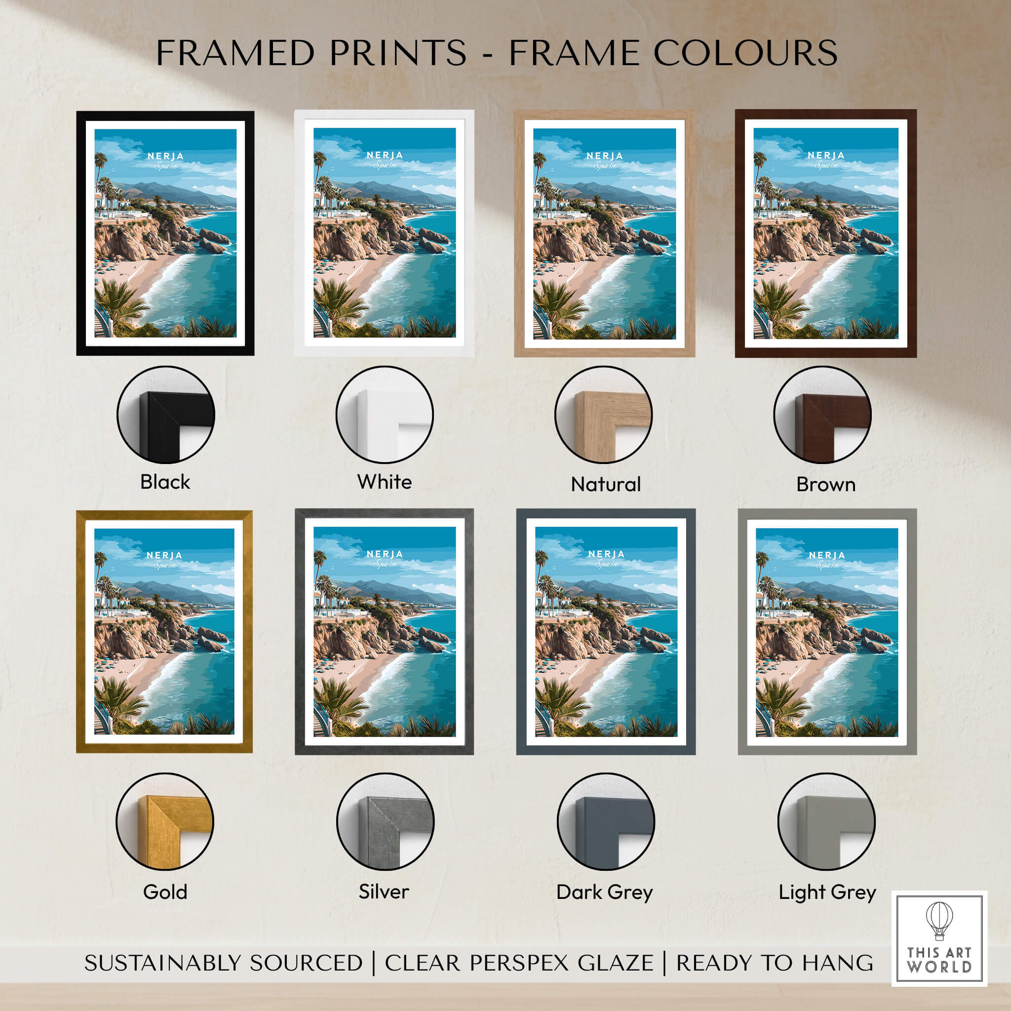 Nerja Spain Wall Art Print | Costa del Sol Coastal Travel Poster displayed in various frame colors.