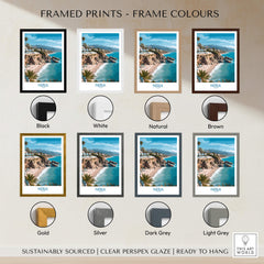 Nerja Spain Poster | Mediterranean Beach Landscape Canvas Print showcased with various frame colors options.