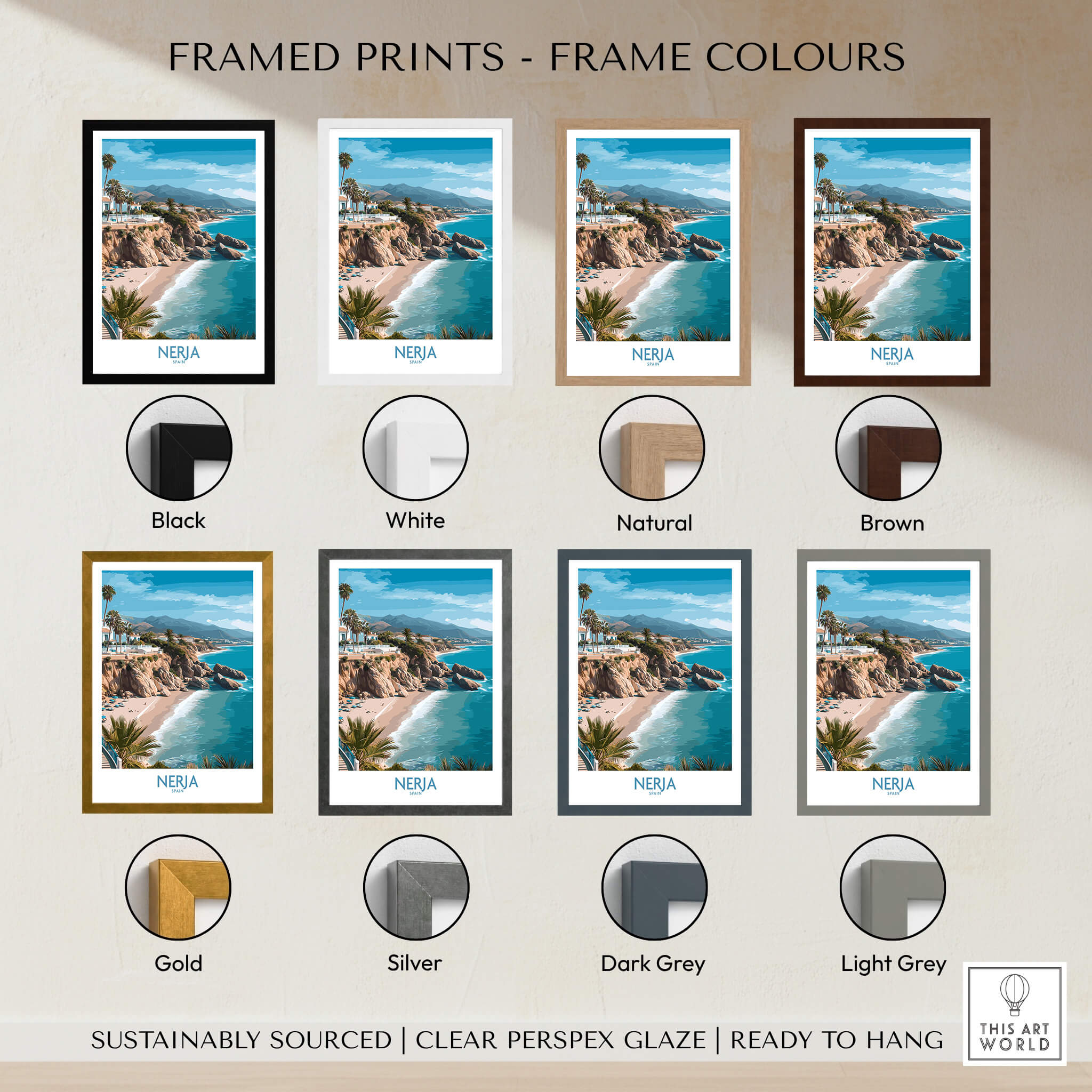 Nerja Spain Poster | Mediterranean Beach Landscape Canvas Print showcased with various frame colors options.