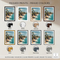 Nerja Spain Wall Art Print | Mediterranean Travel Poster framed in various colors including black, white, natural, and brown.