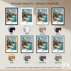 Nerja Spain Poster | Spanish Village Canvas Print framed in various colors including black, white, natural, and brown.