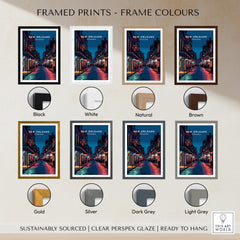 New Orleans Travel Poster | Bourbon Street Night Wall Art Print framed in various color options including black, white, and gold.